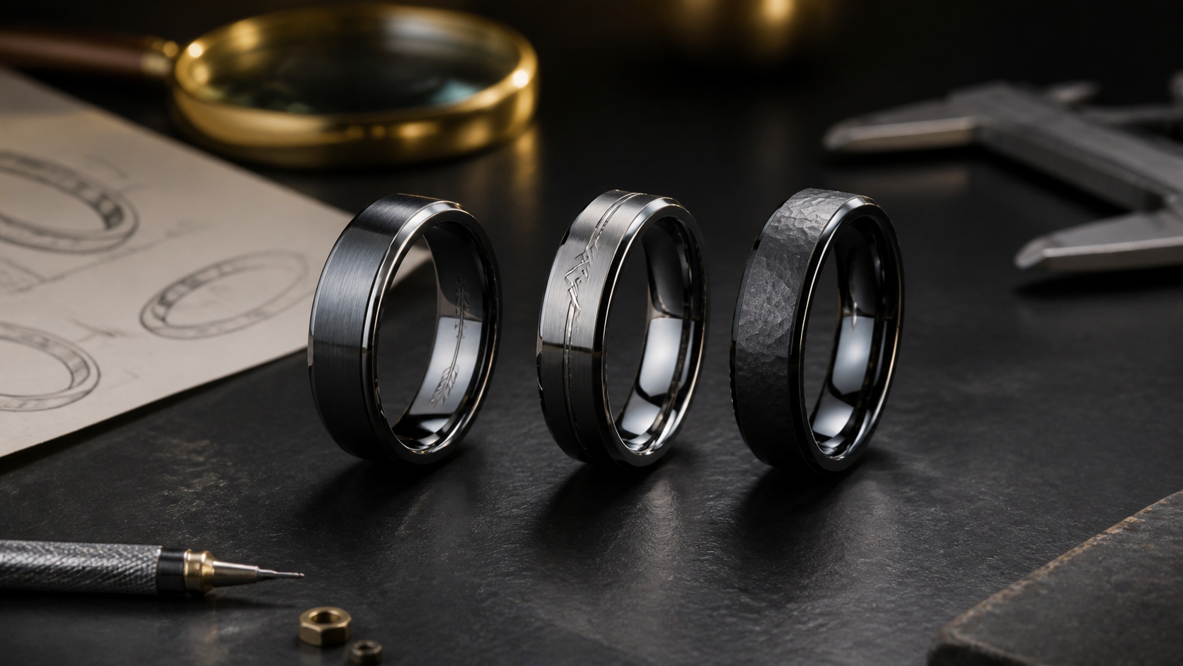 Three engraved wedding band style options on a dark jeweler work surface