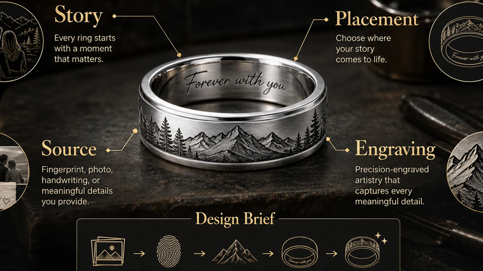 Coordinates engraved ring planning image with a silver band, map coordinate card, and place symbol