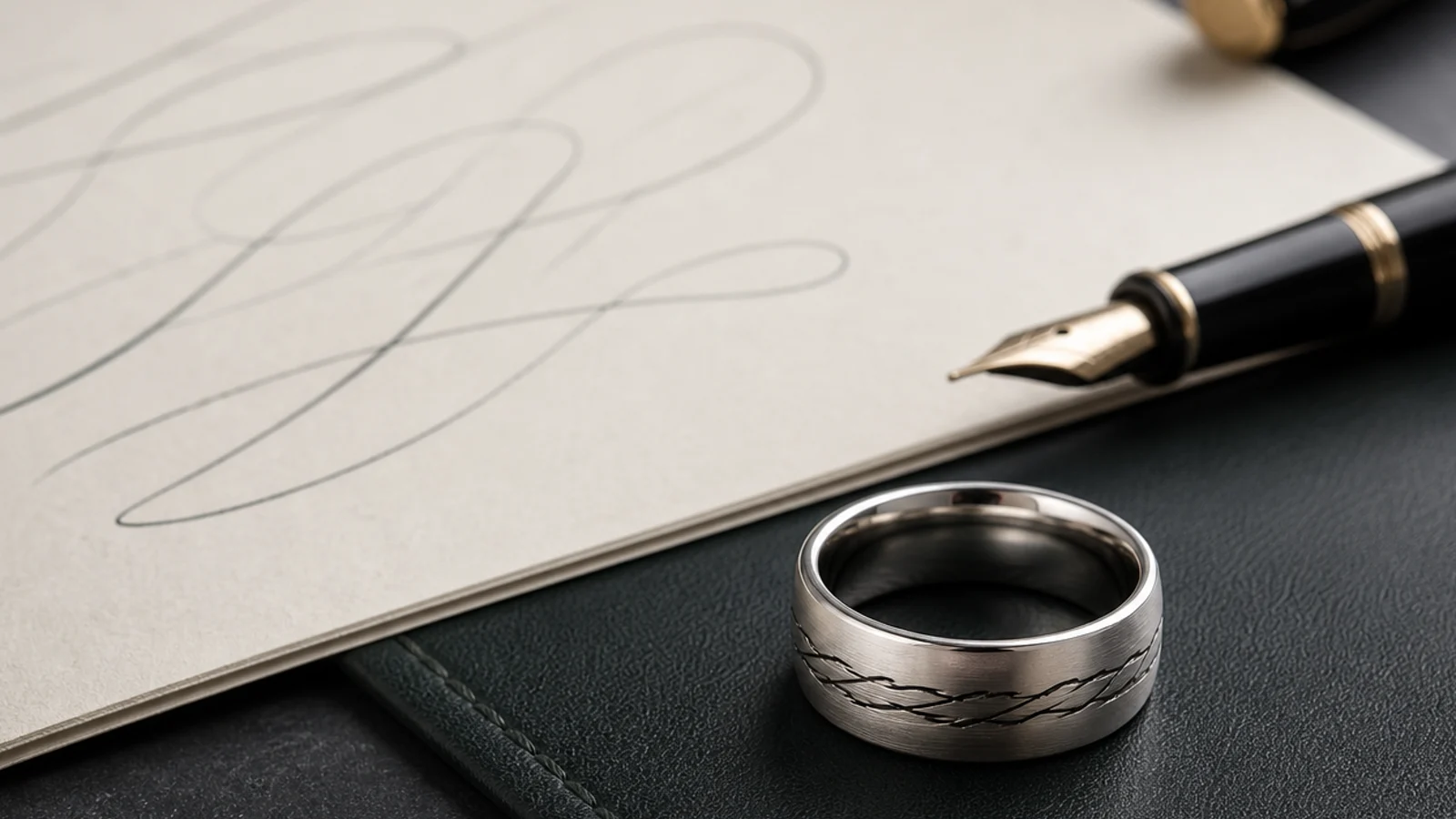 Custom name engraved ring guide with a silver band, name card, date note, and simple symbol source