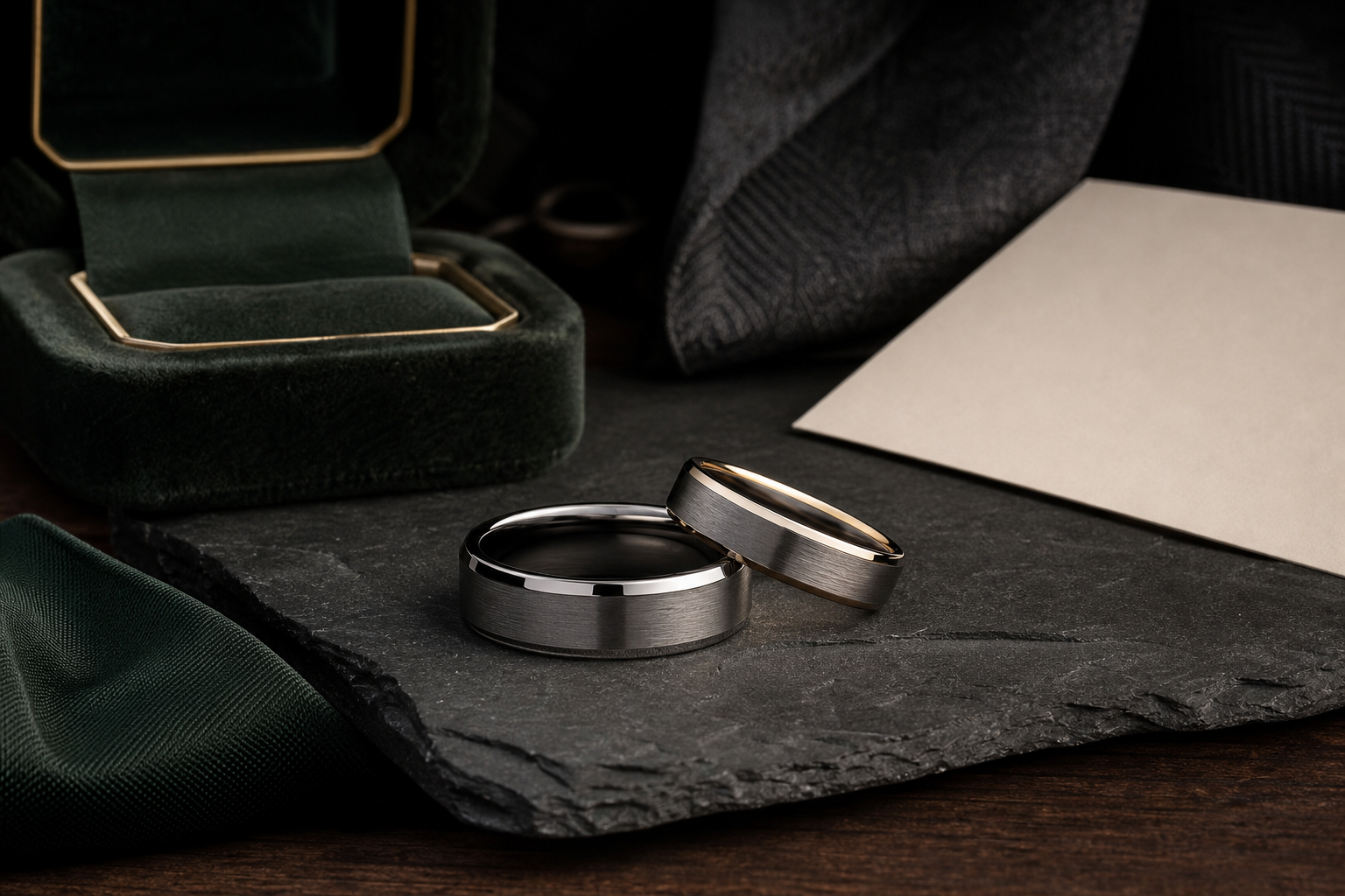 Premium engraved wedding bands image with paired rings and restrained wedding design notes