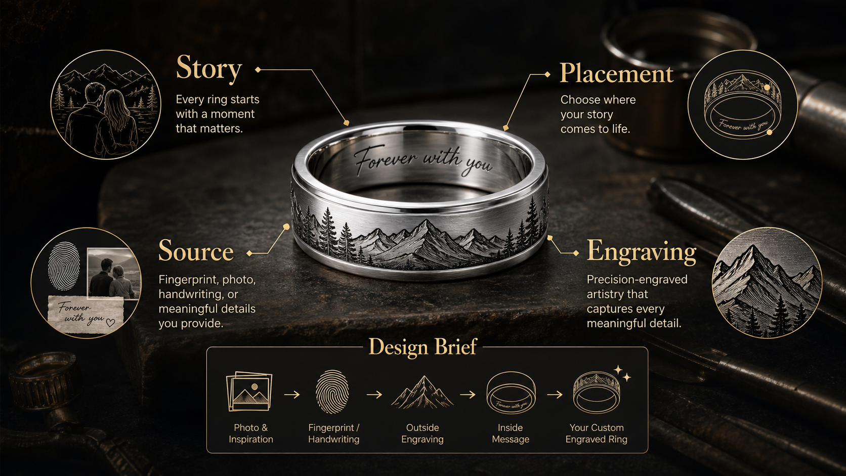 Handwriting Engraved Rings educational diagram showing the steps from story to engraving design