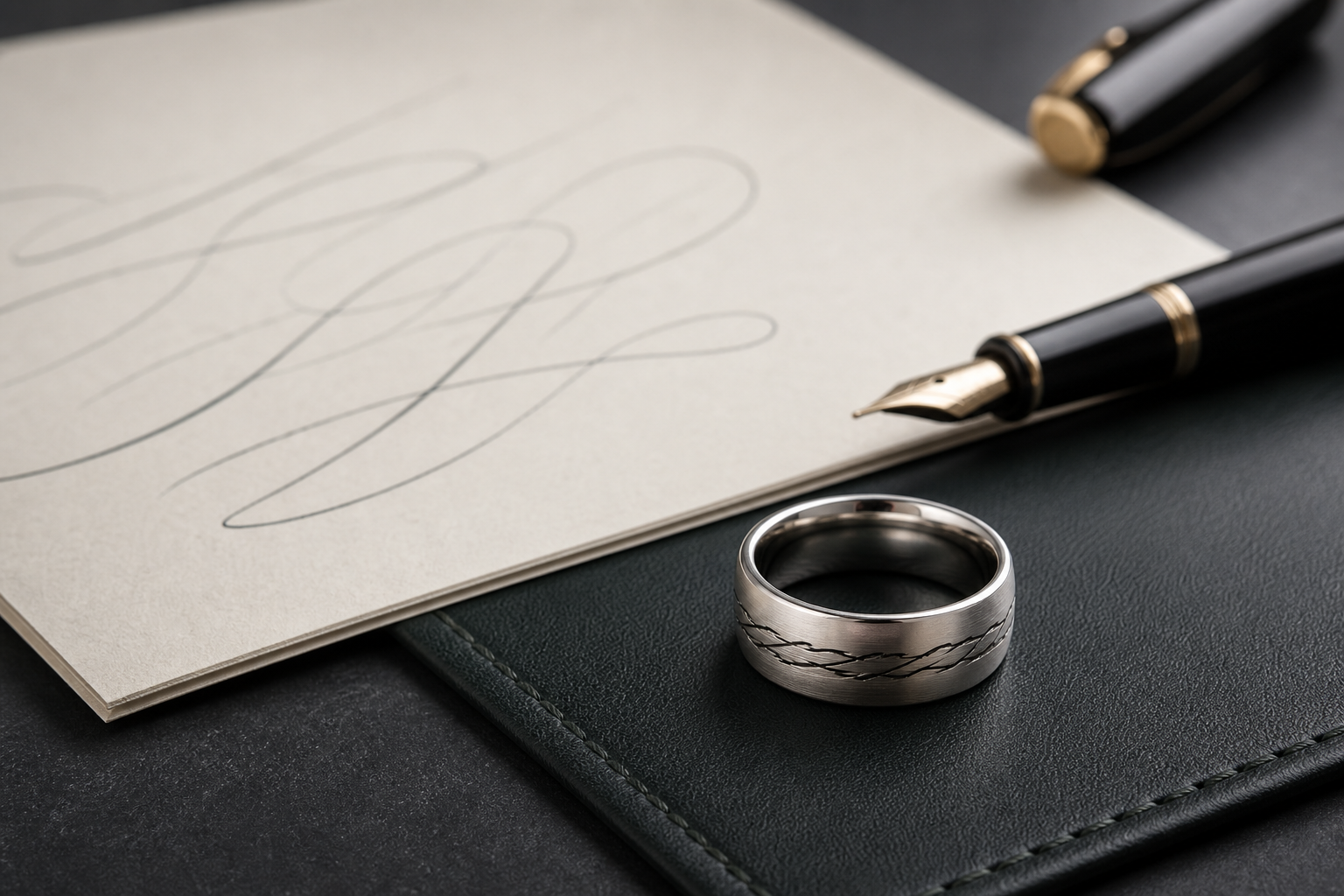 Premium handwriting engraved rings image with a silver ring and handwritten source sample