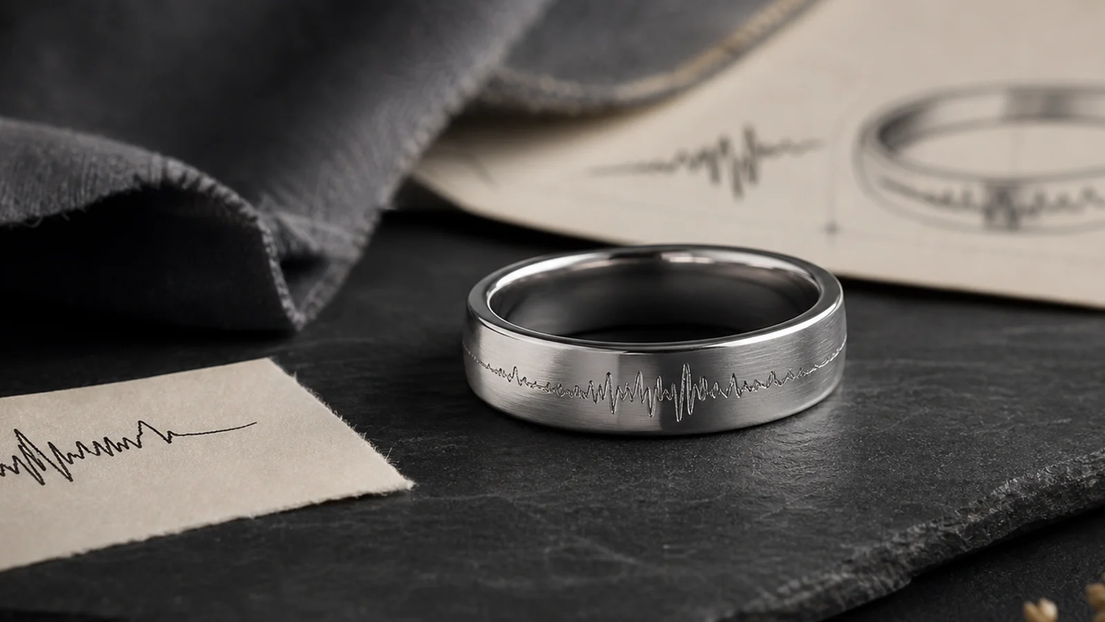 Photo engraved ring guide with a silver band, portrait source card, and simplified engraving preview